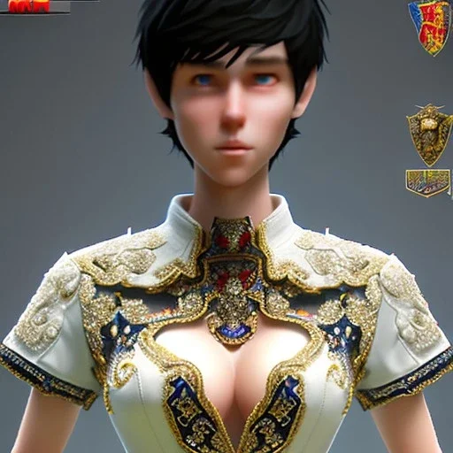 realistic photo of a 23-year-old gentle graceful boyish tomboy girl short men's hairstyle short black hair short haircut boyish face beautiful cleavage in women's jeans with gaps with lace mesh with a girl's floral pattern and rhinestones, trousers fit wide hips high heels with a very thin waist and a big ass with a fashionable women's handbag at a party for girls