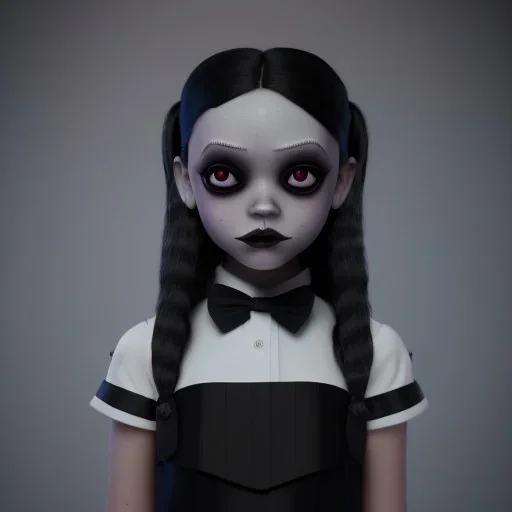 Jenna ortega with wednesday addams black dress,soft goth libstick, wednesday addams make up, dramatic lighting, highly detailed, volumetric lighting, unreal engine, 8k