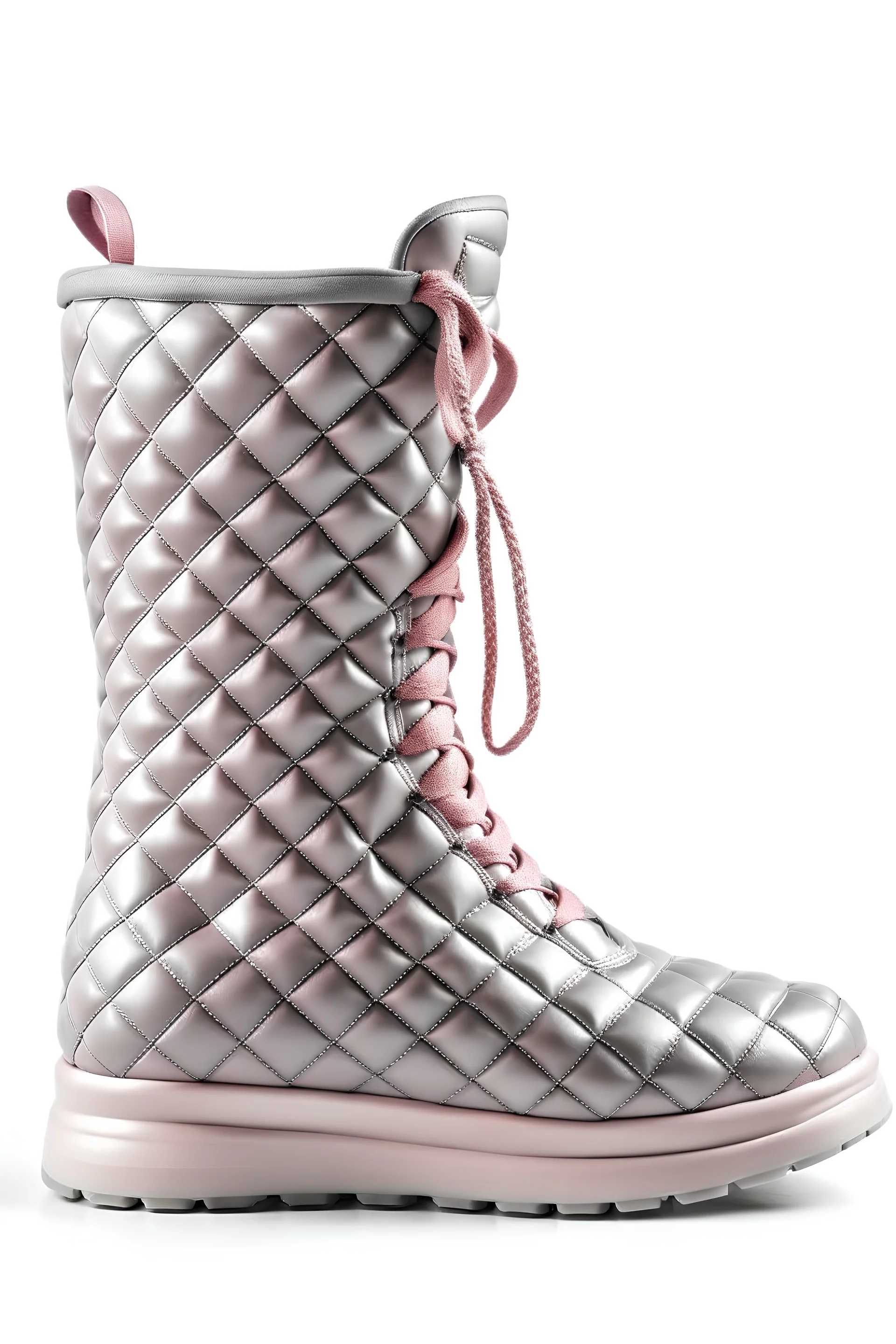 Rose puffer boots with a grey embossed large grid pattern and a rose sole