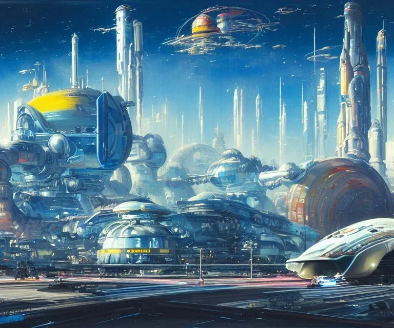 Spaceport on a heavy industrialized planet with a vibrant city in the background and a starting spaceship in the foreground, art by John Berkey, buildings with glass facades, insanely detailed, vibrant, 8k uhd, cinematic atmosphere, ultra-wide angle, street level view, brush strokes, blue sky with clouds, sharp focus