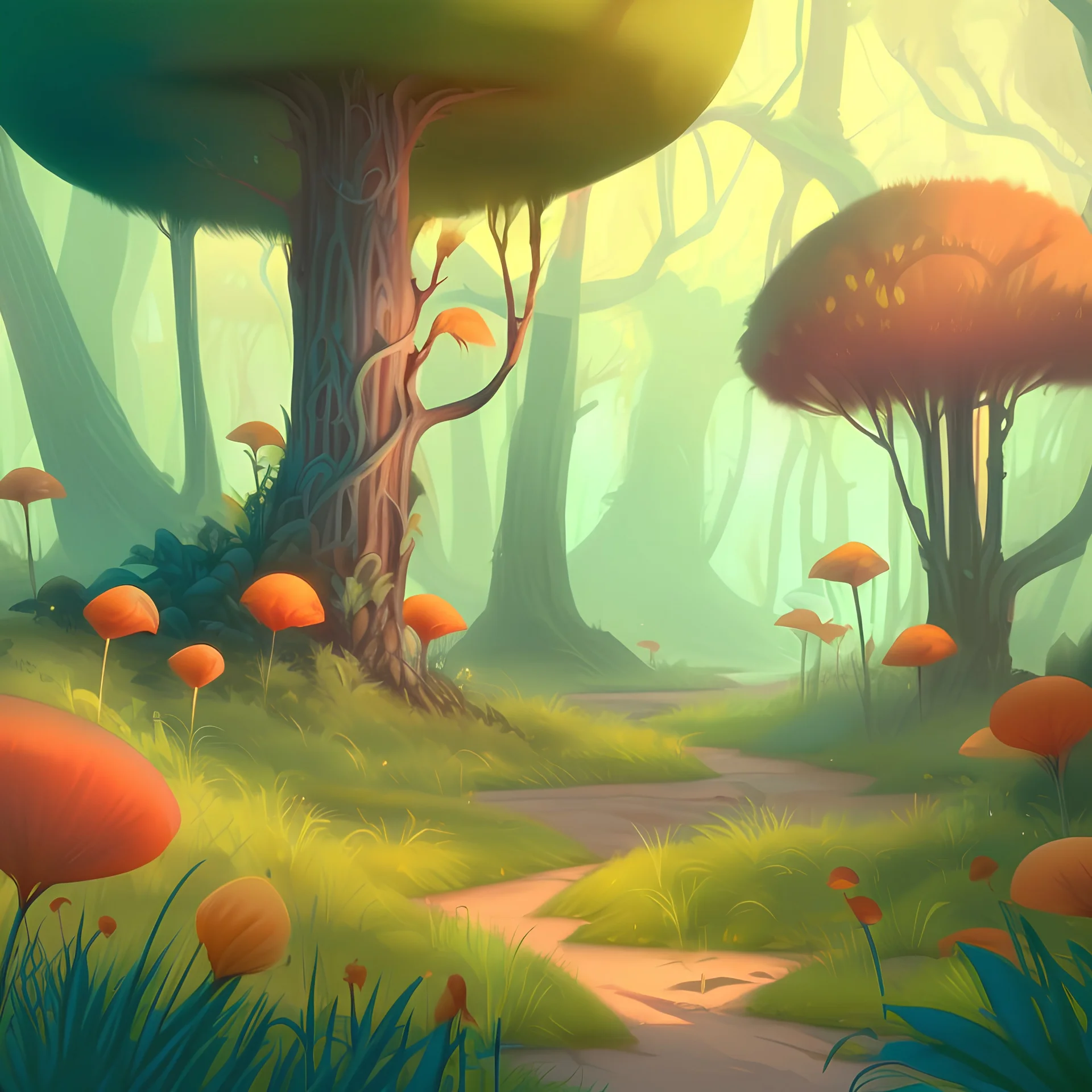 Fantasy cartoon forest with tall grass and yellow flowers