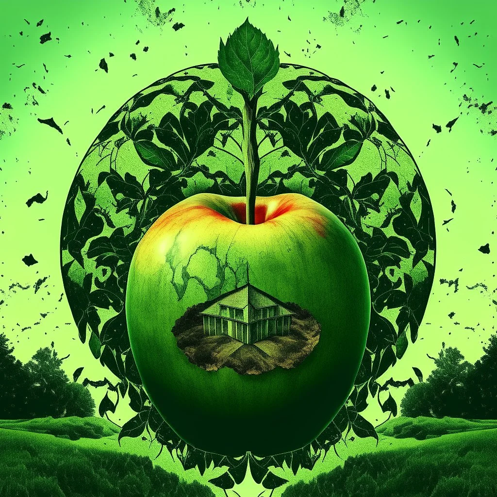 surreal apple with orchard inside, double exposure, neo surrealism, by Marcel Caram, dramatic splash art, concept art. optical illusion.