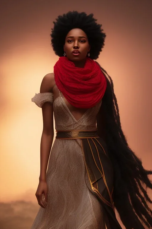 A portrait of a beautiful curvaceous black woman with long wavy hair, wearing a red scarf, wizard, magical, ethereal, intricate, realistic lighting, soft lighting, Concept art by wlop, Ultra quality 8k, Ultra Realistic