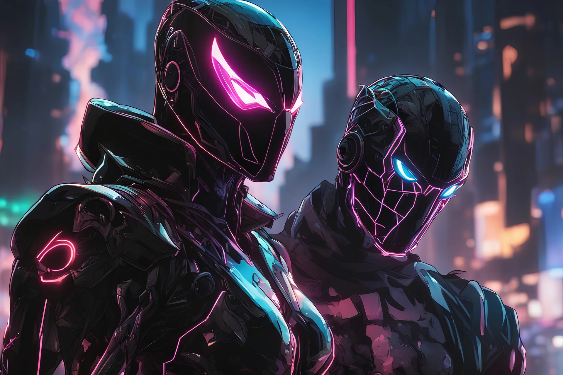 Machine with RGB cyber mask in 8k solo leveling shadow artstyle, Crystal and Symbiote them, neon effect , magic circle, close picture, full body, apocalypse, intricate details, highly detailed, high details, detailed portrait, masterpiece,ultra detailed, ultra quality