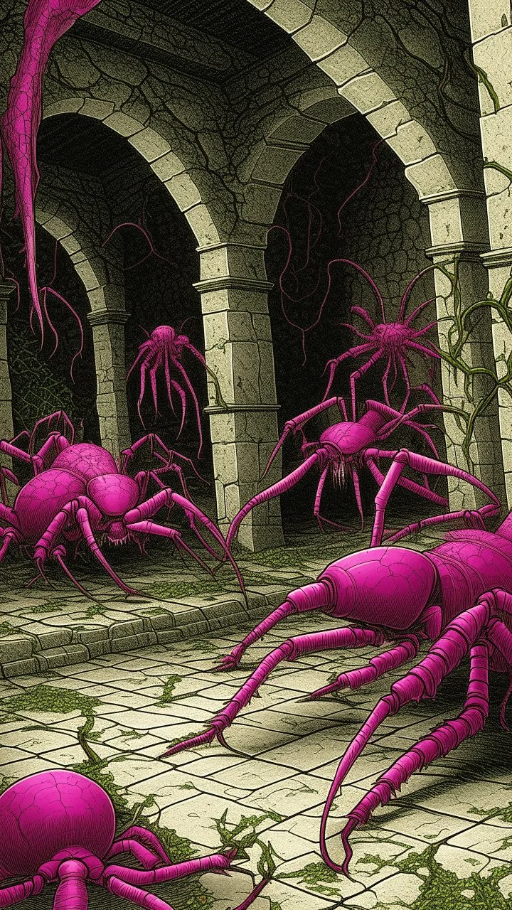Purplish fuchsia catacombs with spiders designed in Bayeux tapestry painted by Giovanni Battista Sassi