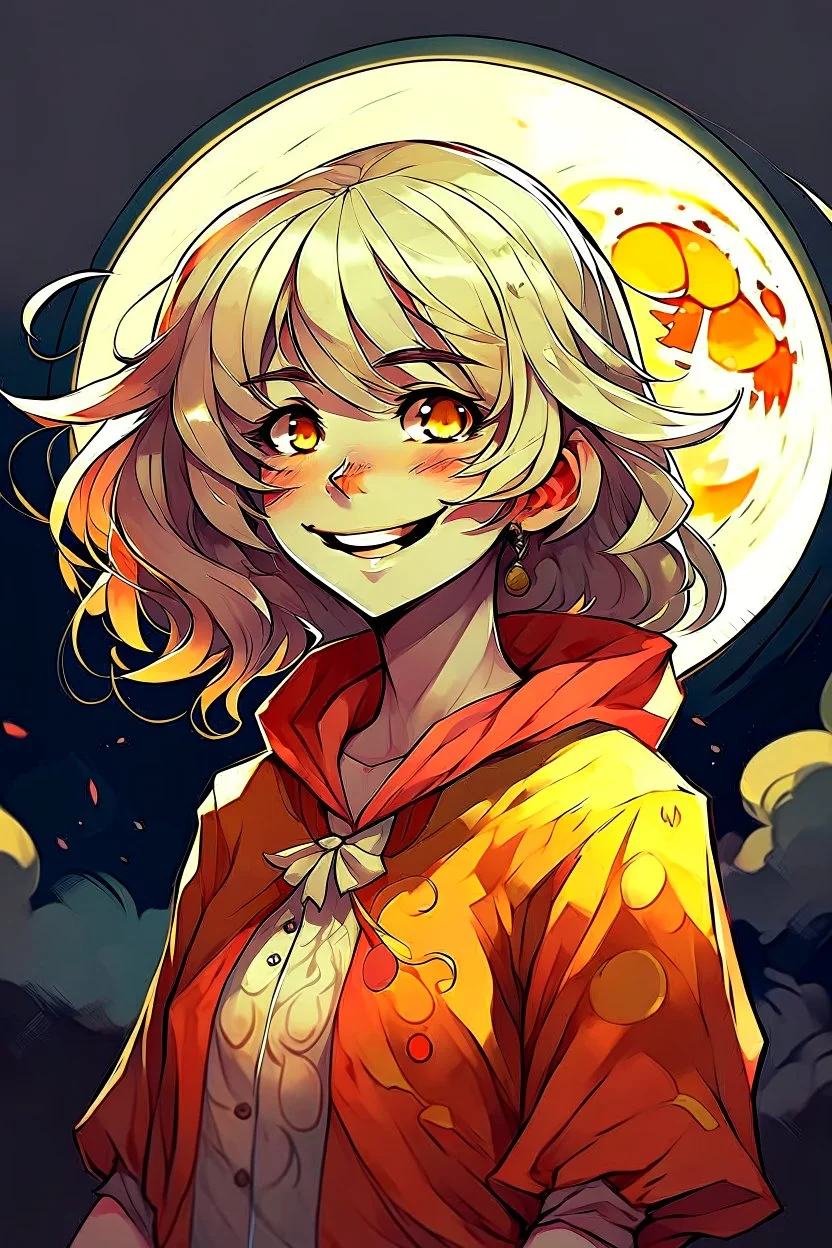 Style: anime manga, A Girl with dark skin tone, Red eye with a yellow base, Full curly white hair, moon-shaped cheek marks, and a childish smile, Her face is half in profile, the background is lunatic, her face seems to be mocking someone, Her outfit is: A lunar witch.