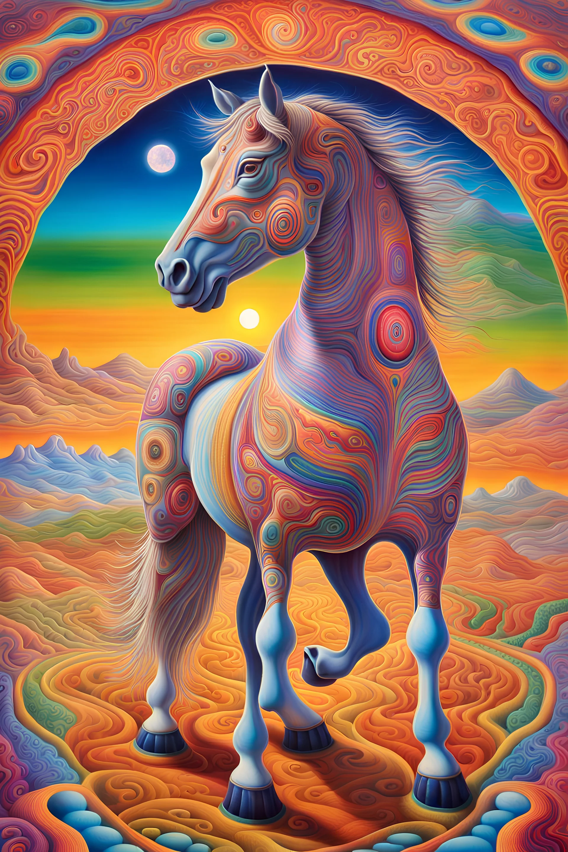 Surreal DMT HORSE landscape with vibrant colors and psychedelic patterns, otherworldly atmosphere, intricate details, cinematic lighting, masterful digital painting by Alex Grey and Salvador Dali, high resolution