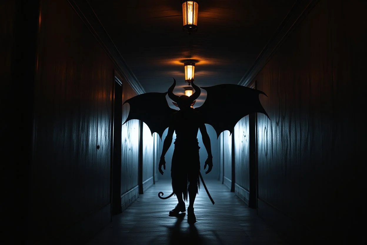 a sinister devil standing in a dark hallway