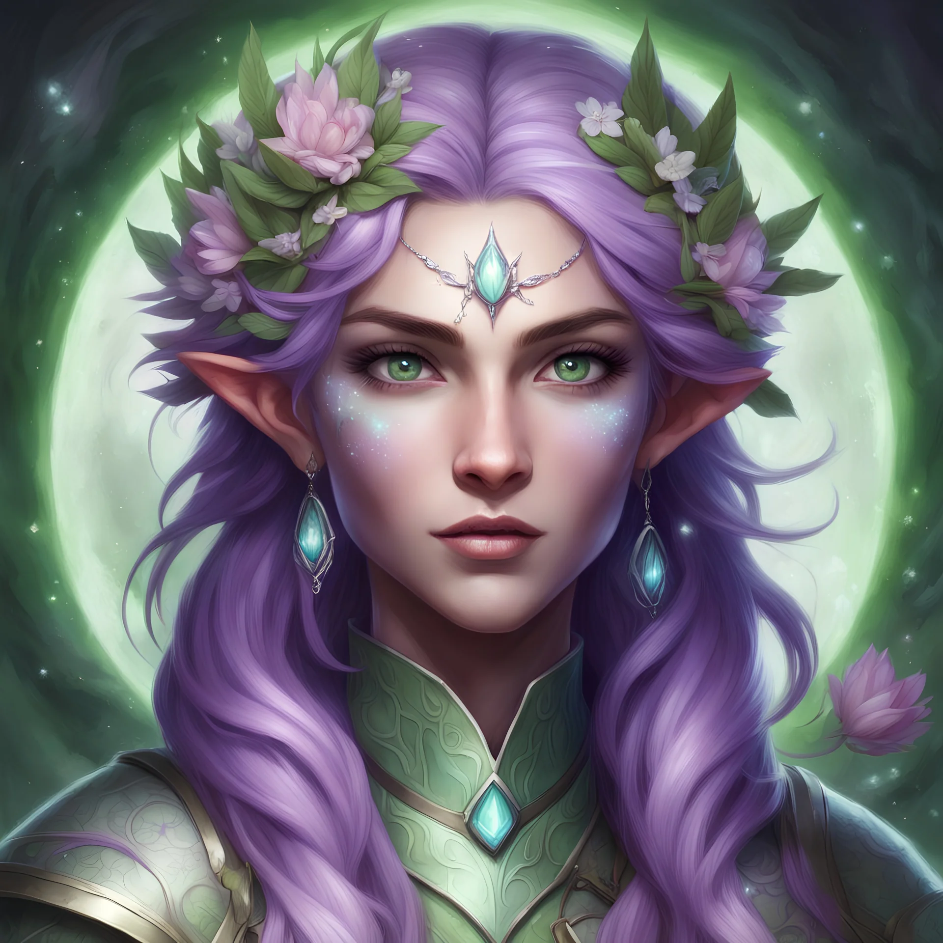 Generate a dungeons and dragons character portrait of the face of a female spring Eladrin. She is a circle of the Stars Druid, Twilight Cleric. Her hair is purple-pink and voluminous. Her skin is a soft green. Her eyes are like new flowers. She wears a dainty circlet made of silver coated branches with flowers.