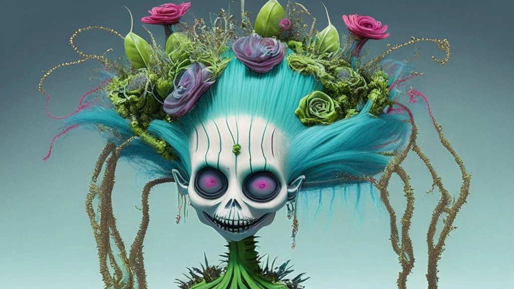 Partially skeletonized troll doll in ceremonial dress for getting married with plants growing from the top of her head; Alex Pardee; surrealism