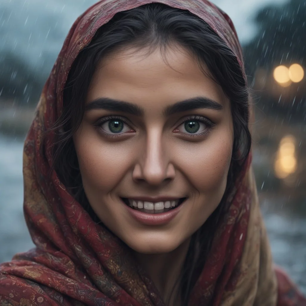 Hyper Realistic close-up-face-view of Beautiful-Happy-Pashto-Woman-with-beautiful-eyes whirling across the streets of her village riverside at heavy-rainy-night with dramatic-&-cinematic-ambiance