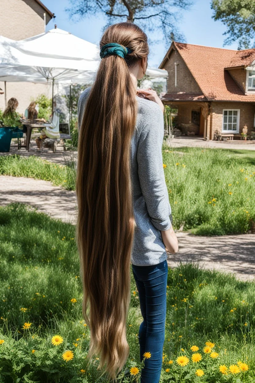 A Woman With Very Long Hair Stands In A Garden, Ho 