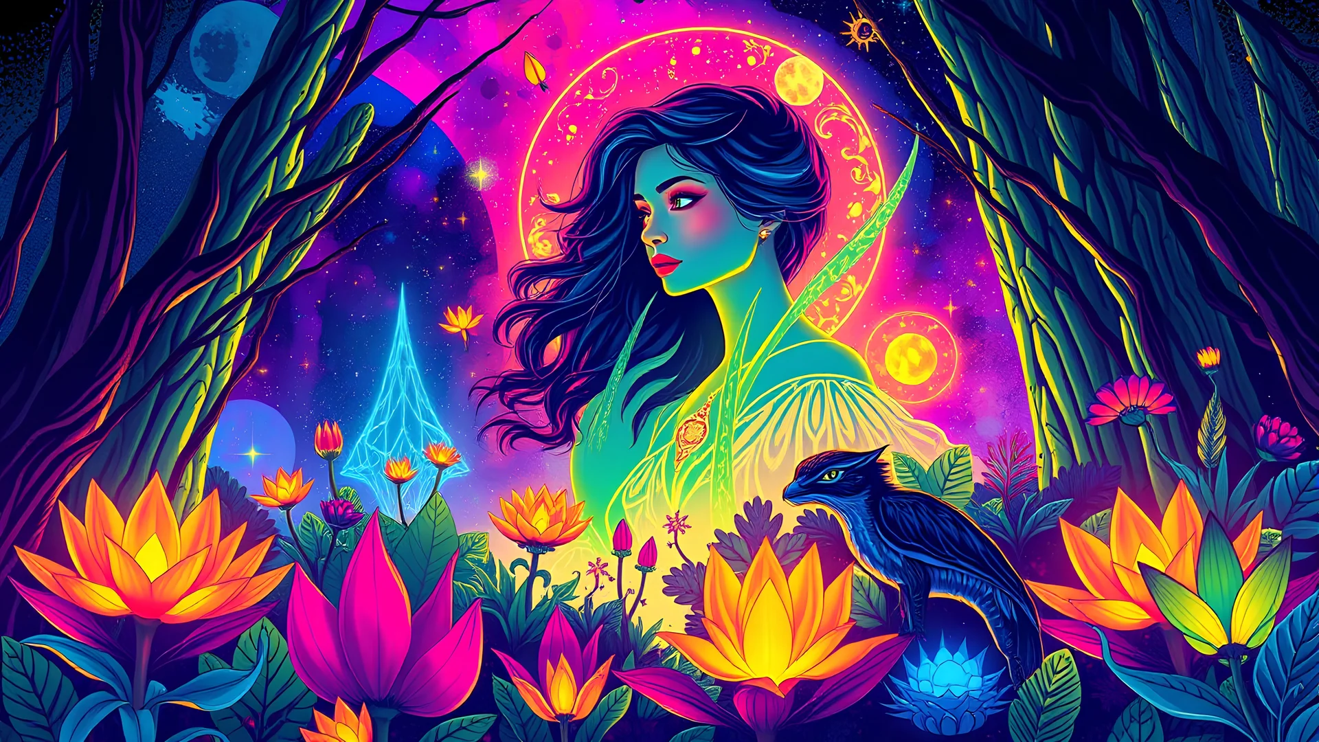 Illustration in modernized nebular ethereal style, blending cosmic and cyberpunk, beautiful woman in the futuristic forest with space plants and animal, vibrant, neon-colored nebulas, mix of sharp angle and smooth curves, holographic projection, dynamic energy atmosphere, cosmos