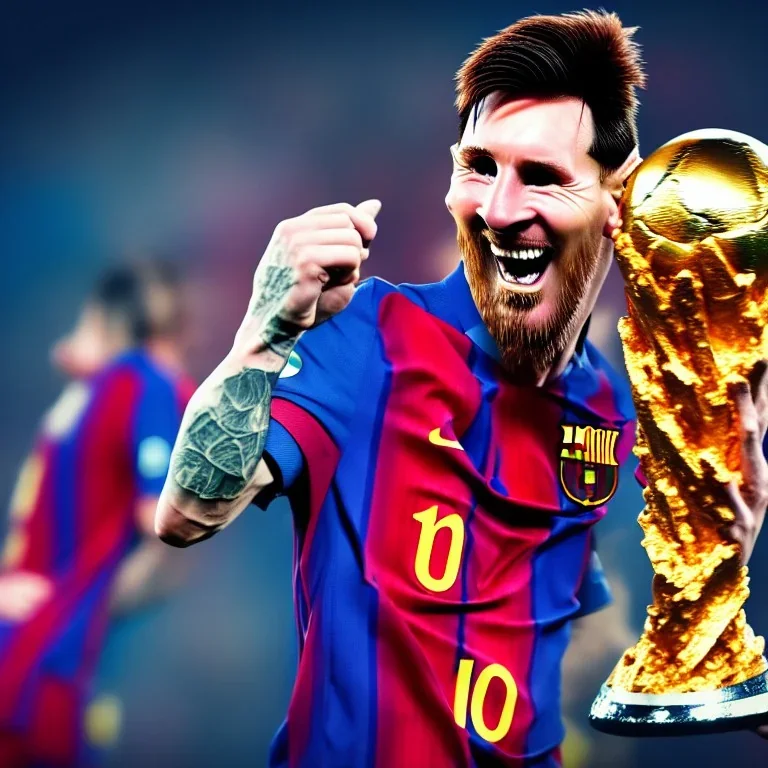 lionel messi biting of a piece and eating the world cup trophy, unreal engine 5.1, ultra high resolution, photorealistic, ultra high detail, octane render, creepy