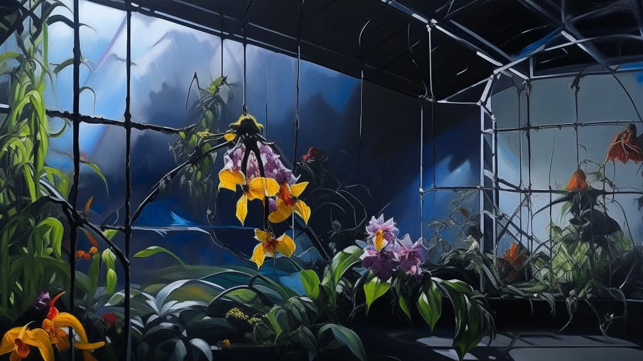 Pintura de flores → óleo sobre lienzo → un invernadero con plantas exóticas, en una noche de tormenta → estética del romanticismo oscuro → lenguaje visual de contrastes violentos entre luces y sombras, con pincelada suelta pero controlada → pinceladas enérgicas y veladuras sobre un fondo imprimado en negro → composición diagonal y asimétrica, con una gran orquídea tigre que cuelga de una rama, y detrás, hojas de monstera y helechos que se agitan → iluminación de un relámpago que ilumina la escen