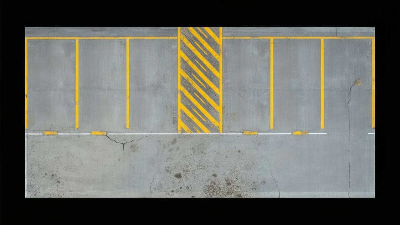 Ground layout for a covered concrete parking lot. Add tire tracks, oil ground stains, cracks and weathering. and make a little darker