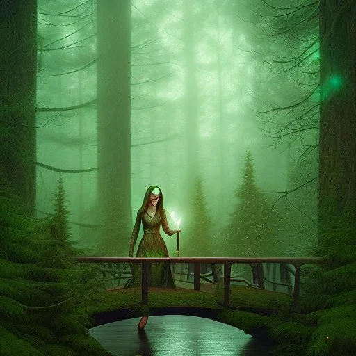 portrait of slender green elf on wooden bridge in magical forest, torches, spray painting, foliage frame, fantasy art , movie poster