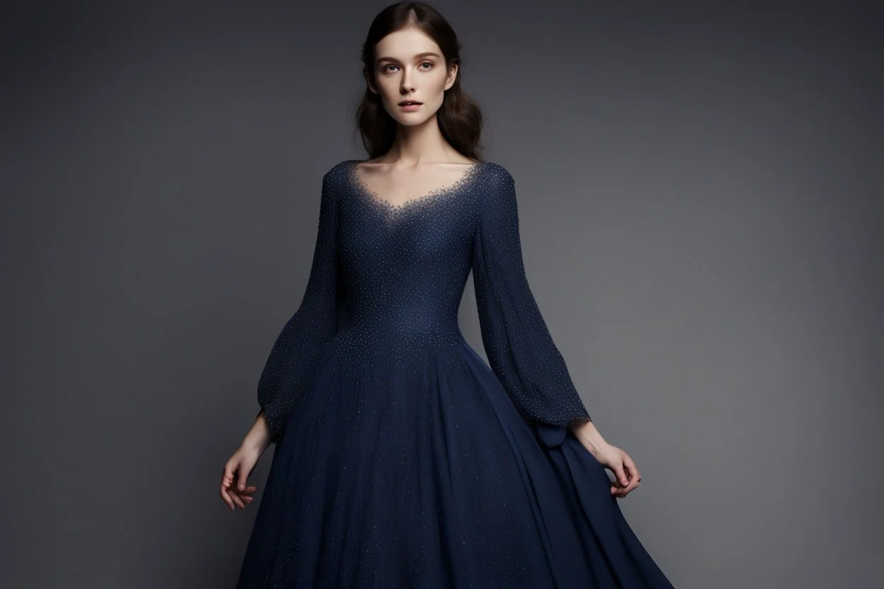 Платье цвета ночного неба, усыпанное крошечными серебряными вышитыми звёздами, которые мерцали даже в тусклом свете комнаты. Рукава были длинные, чуть расклешённые, напоминающие крылья. Оно было одновременно и скромным, и безумно роскошным. Совершенно не практичным. Абсолютно не подходящим для дня. И совершенно заразительным.