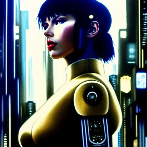 fullbody portrait in oil on canvas ,beautiful female robot, ominous, intense stare, sad eyes, post-apocalyptic in a cyberpunk city, ghost in the shell, Akira, BladeRunner movie poster, masterpiece, realistic, intricate detail, sci-fi fantasy style, volumetric lighting, particles, highly detailed ,cinamatic , deep colours,8k, by Caravaggio