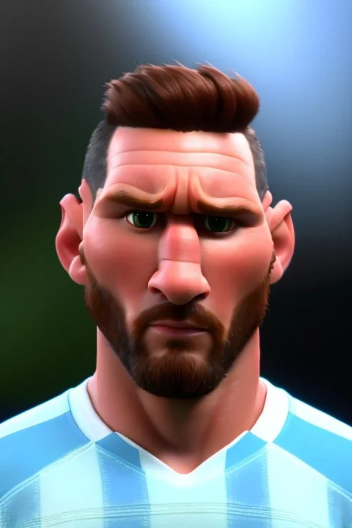 Realistic Messi Argentina soccer player Portrait, mid shot view, low view, 3d, photo studio, clean background, unreal engine 5, ray tracing, RTX, lumen lighting, ultra detail, volumetric lighting.