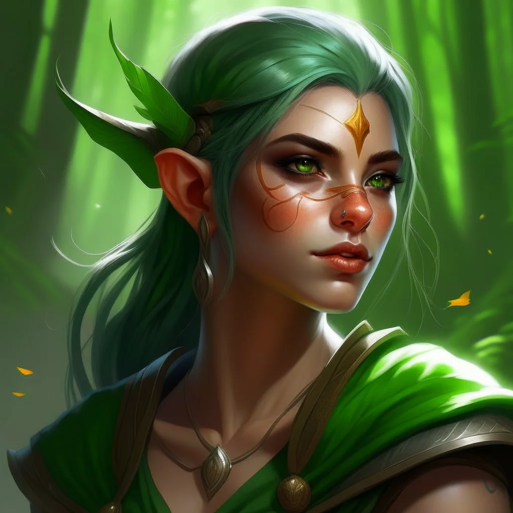 dnd, artistic, illustration, artstation, elf, feywild, bright green hair, green eyes, warrior, portrait