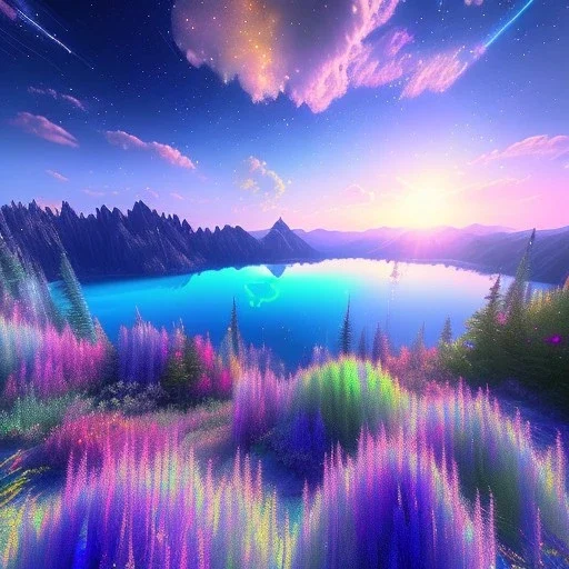 one big Cosmic crystal subtle in a galactic ambiance , blue lake, delicate flowers, delicate colors, bin the foreground, full of details, smooth，soft light atmosphere, light effect，vaporwave colorful, concept art, smooth, extremely sharp, masterpiece, best quality, blue skinned, sparkling,8k, , sun light, 8K, RAW, depth of field,high contrast,