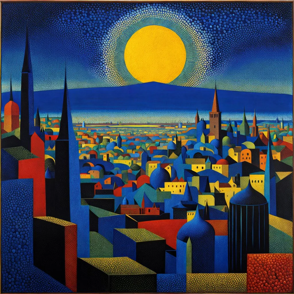 City with many colors, solchi e rilievi, dark blue decal pointillism Max Ernst