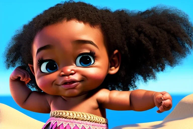 a beatiful little baby girl, 9 months old, moana style, black waivy hair, brown eyes, realistic, intriacte detail,volumetric lighting, particales, highly detailed, cinematic, magnificent, majestic, Realistic photography, incredibly detailed, ultra high resolution, 8k, complex 3d render, cinema 4d