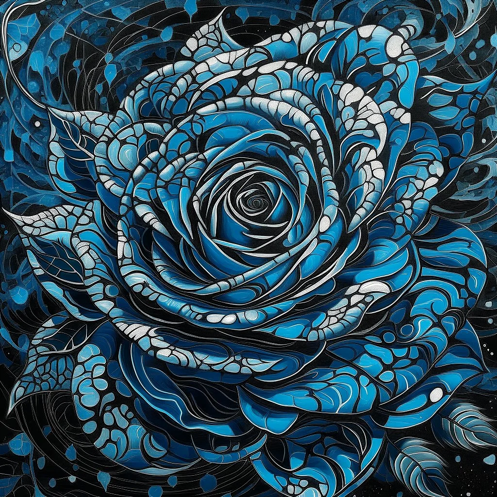 A detailed high quality surreal painting of a delicate, shimmering single blue animorphic rose that had a small pretty face in its petals, pouting, background is a blurred black and white hypnotic pattern, very mod, 1960s inspired art, psychedelic, highly detailed conceptual art, mixed media collage, dark fantastical atmosphere, fine lines, dali-esc, beautiful and natural, strange art, optical illusion