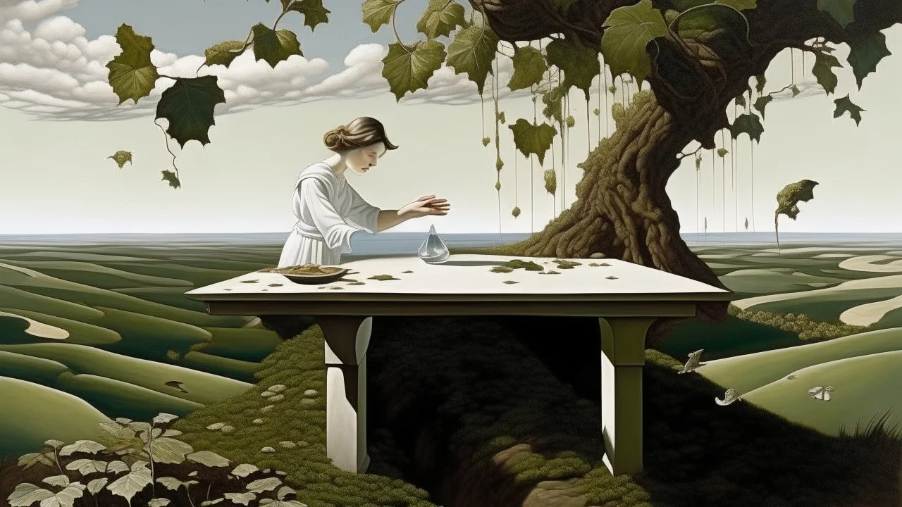 A surreal scene with a woman covered in vine leaves, who is floating over an infinite surreal landscape, in the foreground on one side there is a small table with a white vase on top. To the upper left appears a wrinkled and worn canvas with a sketch of a painted drawing.