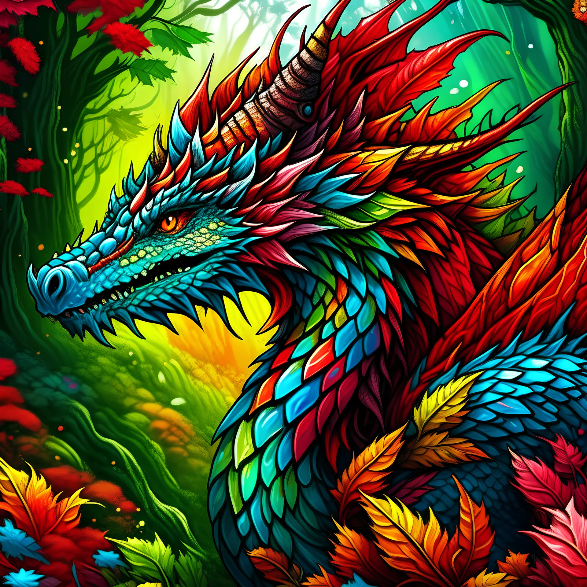 mythical drogon, forest flower backwornd, colorful drogon, adult book cover