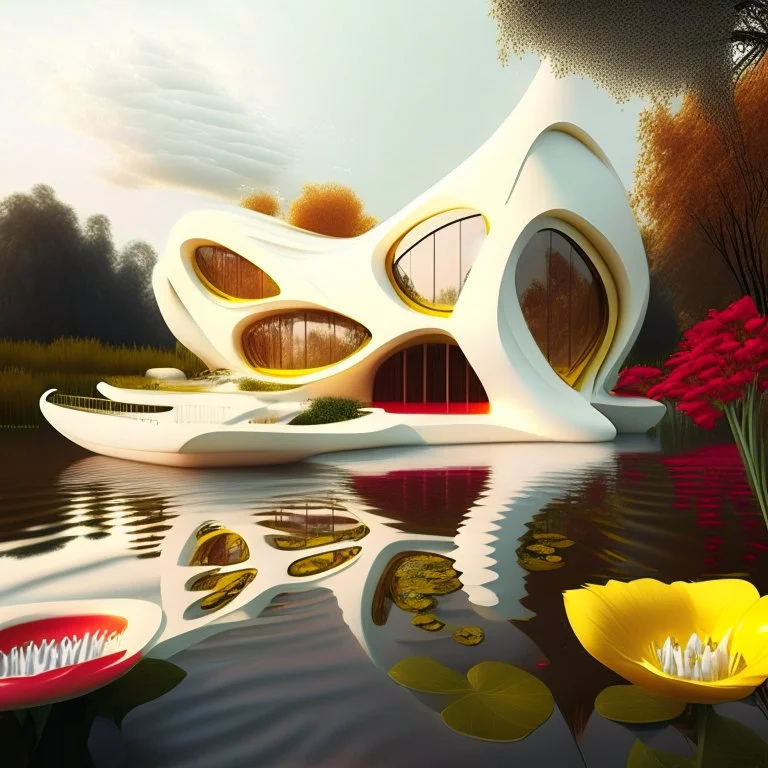 House on the lakefront water plants and yellow flowers red cream style Zaha Hadid white ink art creamy glasses creative hyper-detailed 8k