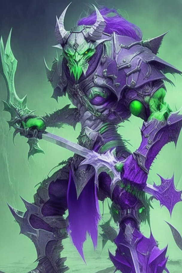 Demonio con armadura verde y morada y melena blanca del futuro con una Guadaña
