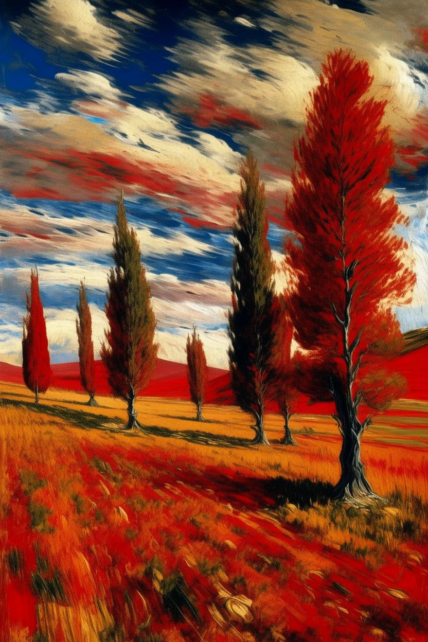 A red grassland plain with cypress trees painted by Claude Monet