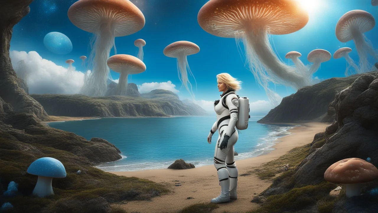 middle-aged, blond-haired woman in a form-fitting spacesuit, on the shores of an alien world, with mushrooms, with jellyfish tentacles floating in the air, photorealistic, Detailed Matte Painting, Deep Colour, Fantastical, Intricate Detail, sunshine, blue sky
