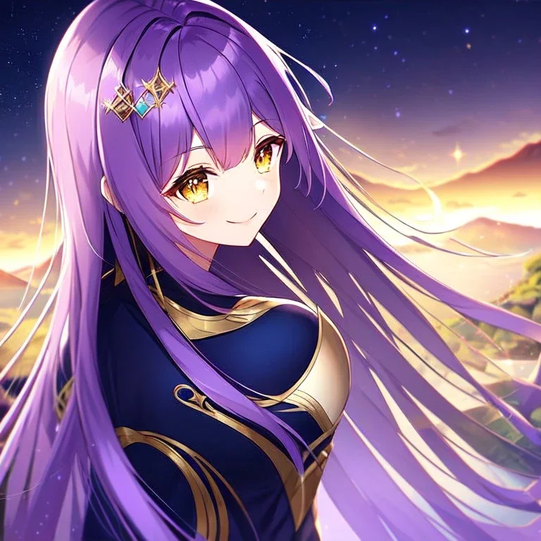 girl, masterpiece, best quality, volumetric lighting, detailed outfit, perfect eyes, long hair, purple hair, golden eyes, landscape, reflective water, shooting stars, night, fireflies, smile,