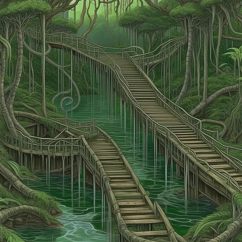 wild weird dock of a jungle river, surreal meander style of john Stephens and Gerald Scarfe, eerie, smooth, trending on Artstation, 16k, intricate detail, hypersurreal.