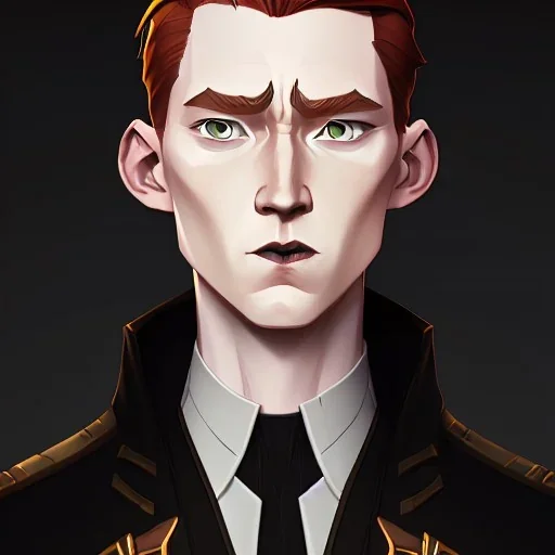 general hux 3/4 view, wearing a black First Order uniform, serious, imposing figure, thick eyebrows, digital art, wearing a black First Order uniform, green eyes, gray background, sepia filter