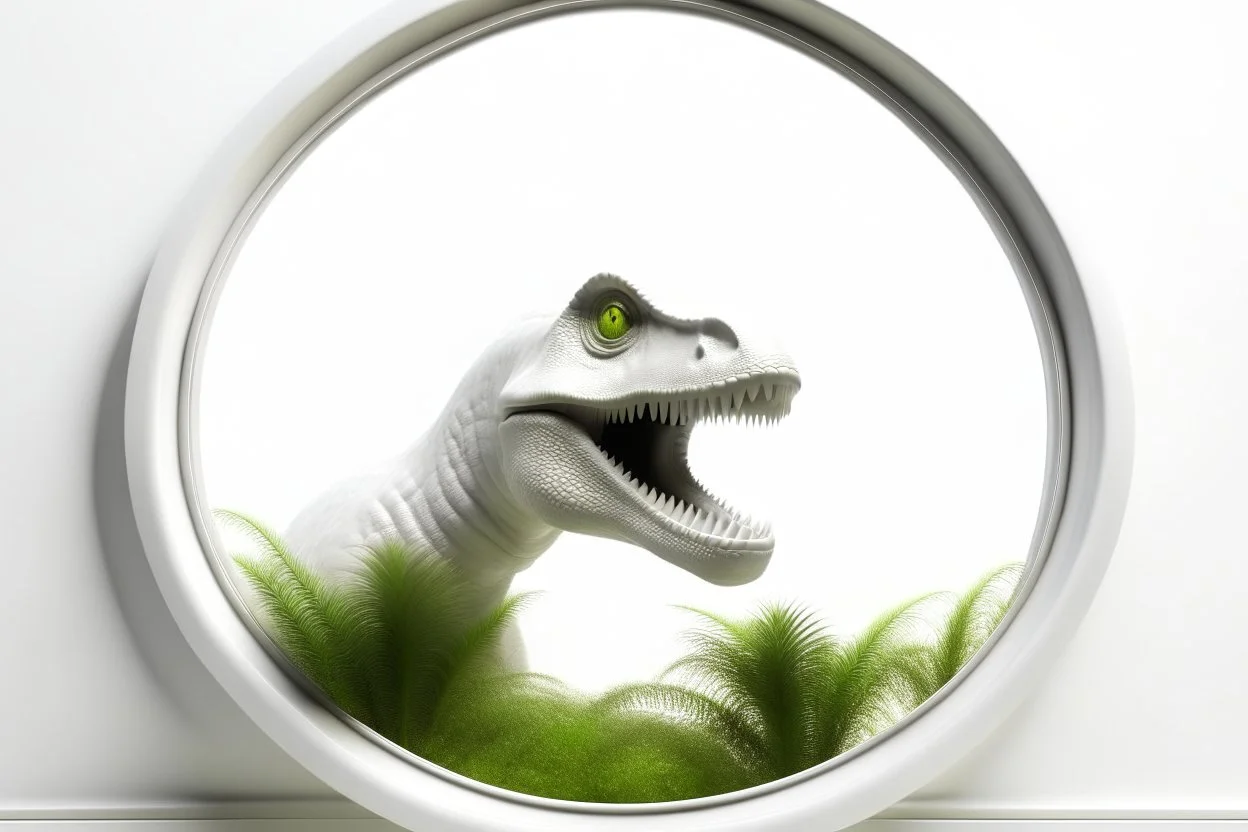 white,background,looking,through,a 3-d, hole,or,window,,a,seeing a dinosaur