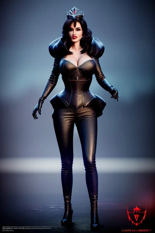 painting of lisa ann as evil queen in black leather pants, , leather, angry, stern look, volumetric lighting, particales,highly detailed,cinematic, deep colours,8, highly detailed, digital painting, artstation, concept art, smooth, sharp focus,