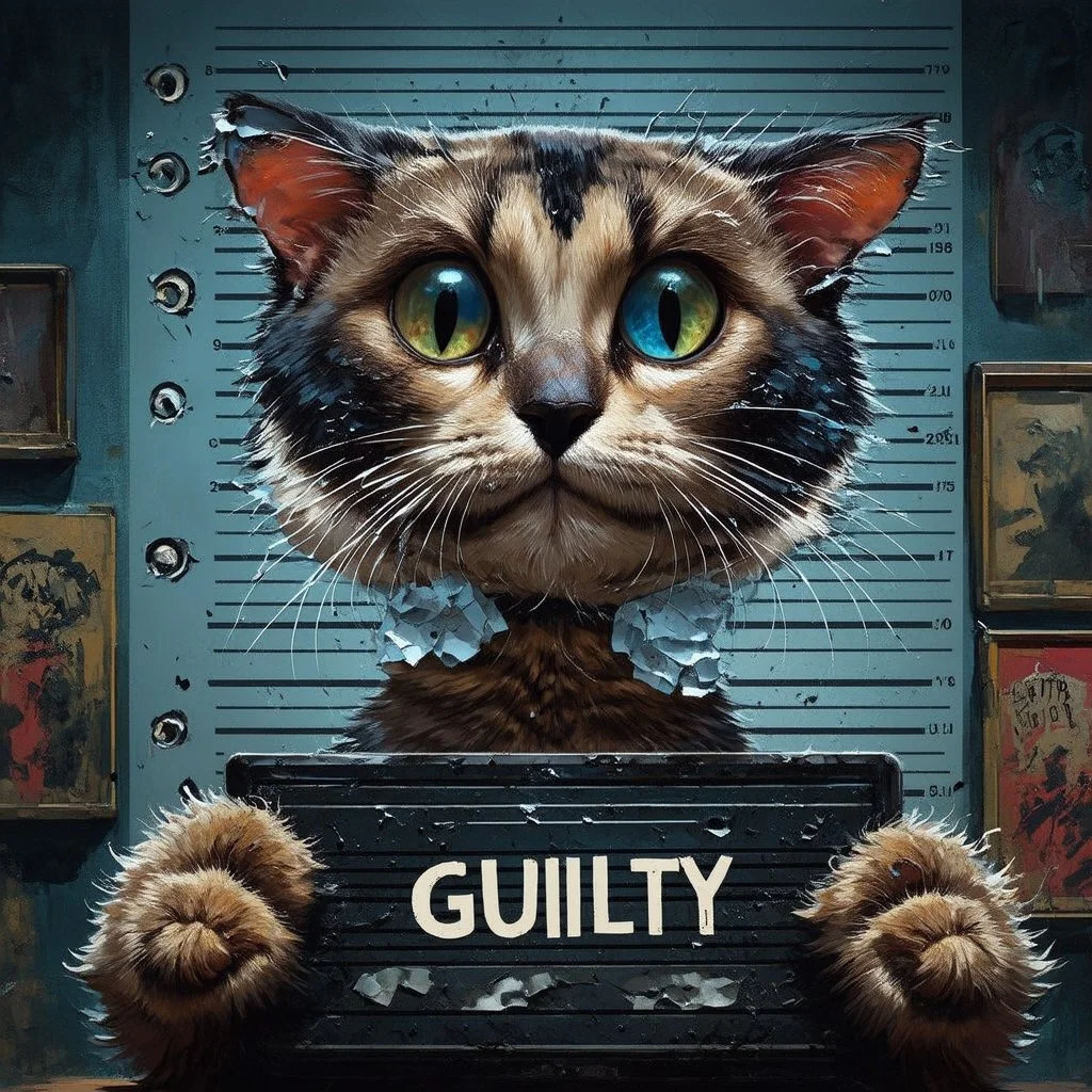 A comical cartoon-like siamese scruffy cat, with blue eyes,, battered, dirty, with a mug shot and 'guilty' written on the board, in a whimsical and surreal art style with dark fantasy themes, dramatic lighting effects, minimalist and abstract touches, hyper-realistic details, textured backgrounds, vintage aesthetics, playful and exaggerated characters, gothic aesthetics, intricate designs, detailed patterns, and artistic composition."