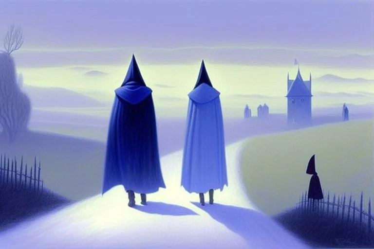 two people in capes and hoods seen from behind walking side by side in an empty foggy plain, above there is blue sky by artist "Leonora Carrington"