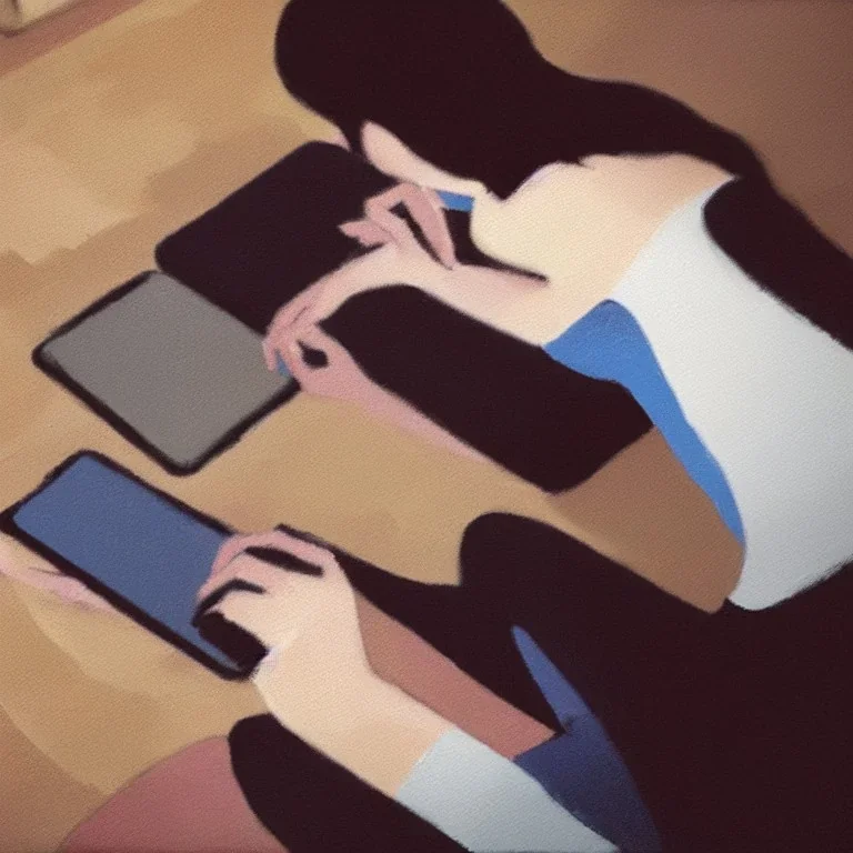 depressed woman typing at a smartphone laying on the floor of a dark bedroom impressionist