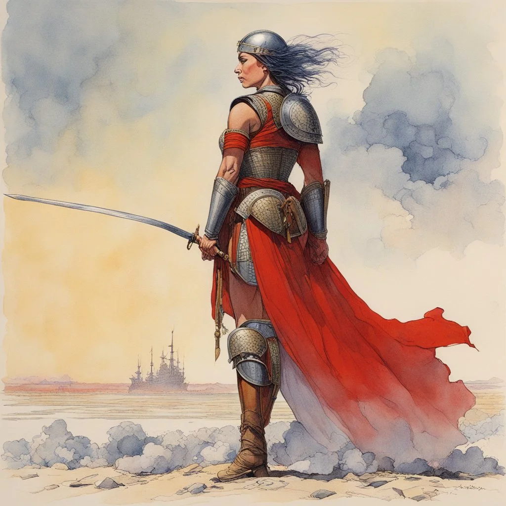 [aquarelle by Moebius] In the midst of a raging war, amidst the clash of swords and the cries of the fallen, a figure stood tall. A woman unlike any other, her muscles rippled beneath her armor, a testament to her strength and resilience. She was a Roman Centurion, a warrior of unmatched skill, commanding respect from both friend and foe alike.