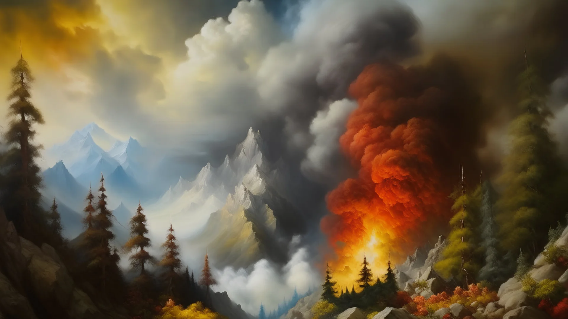 A burning rocky mountain side, raging fire, plumes of smoke, burt trees, realistic, medieval, painterly, Bob Ross painting