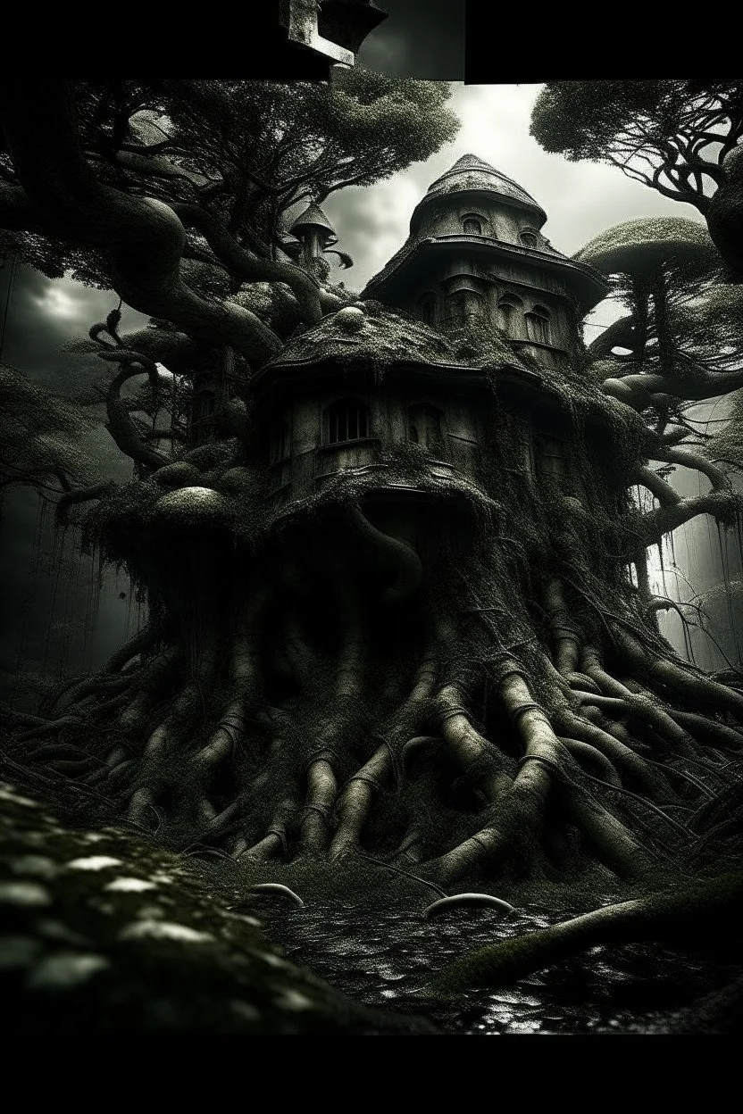 scary dark mushroom city in the forest