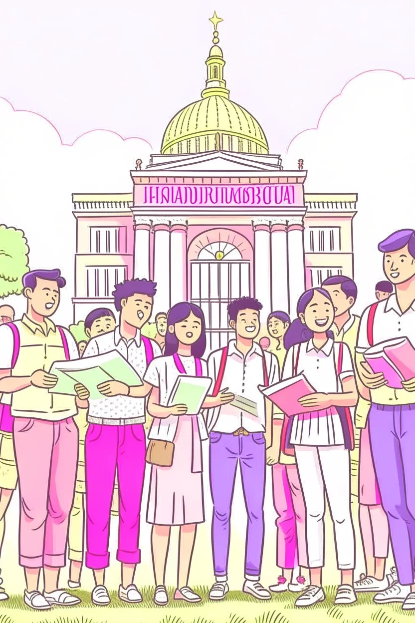 Ilustrasi beberapa sekelompok pemuda memegang salinan konstitusi Indonesia, dan berada di depan gedung konstitusi (ilustrasi warna pastel)