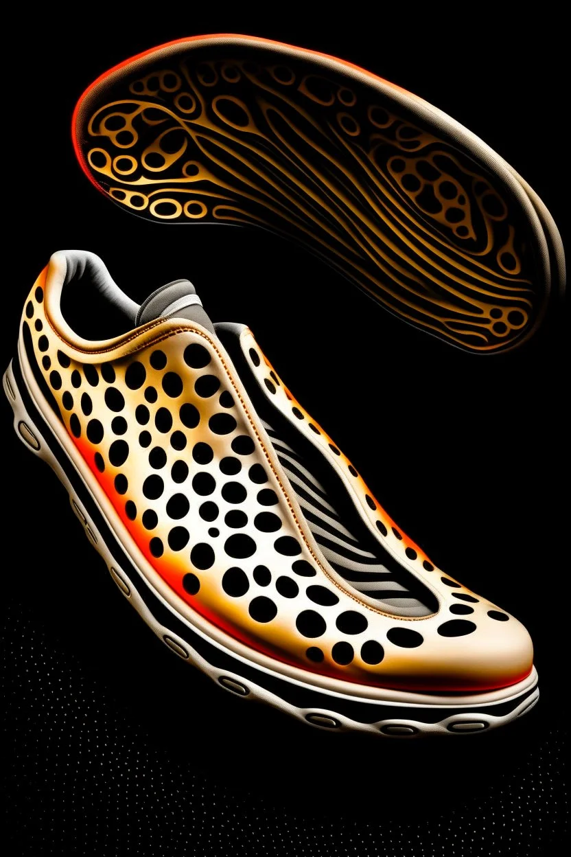 The bottom of the soles of two shoes. The tread pattern is white and made entirely from the shapes of ghosts. Use no more than 4 colours. In the style of Salvador Dali’s “in the face of war”. Only the bottom of the shoes as viewed from the bottom.