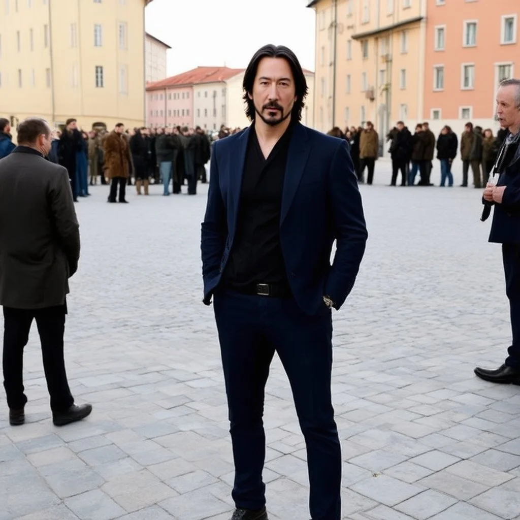 Actor Keanu Reevers posing for photographers on a square in Brno.