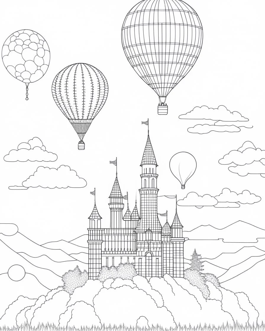 Coloring pages: A floating sky castle, with hot air balloons and fluffy clouds, overlooking a breathtaking landscape below.